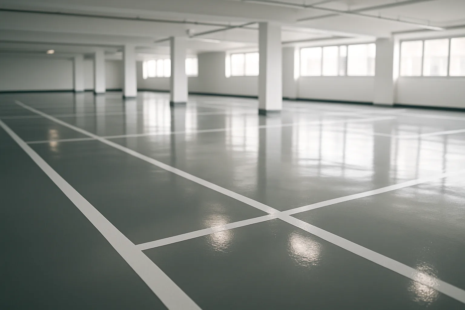 Sol de parking revêtu d'une résine époxy grise brillante par Daniel-Lux